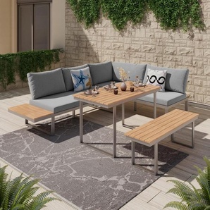 Ambia Garden Dining-Loungeset, Natur, Hellgrau, Metall, Kunststoff, Textil, 4-teilig, Füllung: Schaumstoff,Polyester, Eckteil, 253.5x64.5x184 cm, Loungemöbel, Loungemöbel-Sets