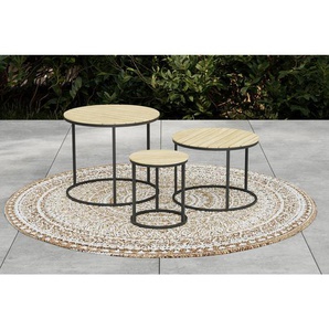 Ambia Garden Garten-Beistelltischset, Akazie, Holz, Metall, 3-teilig, Akazie, massiv, rund, rund, 76x56x36 cm, Balkonmöbel, Balkontische