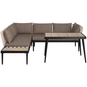 Ambia Garden Gartengarnitur, Grau, Schwarz, Teak, Holz, Metall, 3-teilig, Akazie, massiv, Füllung: Komfortschaum,Komfortschaum, 227x186 cm,