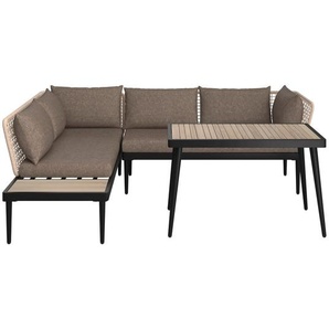 Ambia Garden Gartengarnitur, Grau, Schwarz, Teak, Holz, Metall, 3-teilig, Akazie, massiv, Füllung: Komfortschaum,Komfortschaum, 227x186 cm, Gartenmöbel, Gartenmöbel-Sets