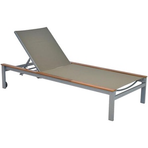 Ambia Garden Gartenliege , Silber, Beige , Holz, Metall , Akazie , 198x103x84 cm , Räder am Kopfende, Rückenlehne verstellbar , Gartenmöbel, Gartenliegen