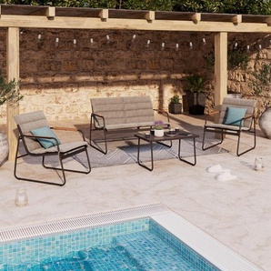 Ambia Garden Gartenset, Anthrazit, Grau, Teak, Metall, Glas, 4-teilig, Uni, Füllung: Polyester, Vlies, 115x75.5x74 cm, wetterfest, Tisch mit Glasplatte, geeignet für Balkon, Balkonmöbel, Balkonmöbel-Sets