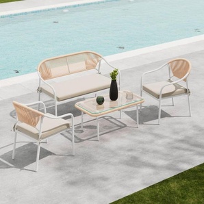 Ambia Garden Gartenset, Creme, Klar, Natur, Weiß, Metall, Kunststoff, Glas, Textil, 4-teilig, Füllung: Schaumstoff, Balkonmöbel, Balkonmöbel-Sets