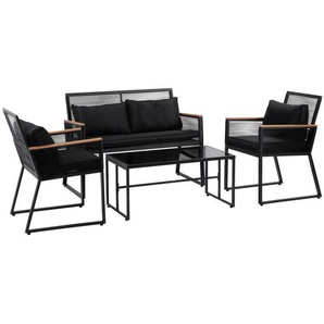 Ambia Garden Gartenset, Schwarz, Metall, Kunststoff, Glas, Textil, 11-teilig, Füllung: Schaumstoff, Polyester, Tisch mit Glasplatte, Balkonmöbel,
