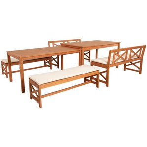 Ambia Garden Gartenset, Weiß, Teak, Holz, Textil, 6-teilig, Eukalyptusholz, Hartholz, Füllung: Schaumstoff, Fsc, Tisch ausziehbar, Balkonmöbel,