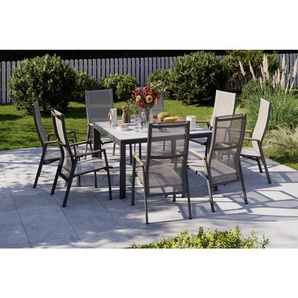 Ambia Garden Gartenstuhl, Anthrazit, Dunkelgrau, Holz, Metall, Textil, Teakholz, massiv, Flachrohr, 57x109.5x72 cm, Gartenmöbel, Gartenstühle,