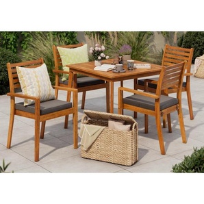 Ambia Garden Gartentischgruppe, Anthrazit, Teak, Holz, Textil, Akazie, Hartholz, Füllung: Komfortschaum, quadratisch, Säule, 90x65x75 cm, Gartenmöbel, Gartenmöbel-Sets