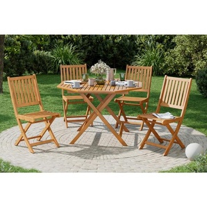 Ambia Garden Gartentischgruppe, Eukalyptusholz, Holz, Eukalyptusholz, teilmassiv, X-Form, Stühle klappbar, Gartenmöbel, Gartenmöbel-Sets