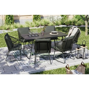 Ambia Garden Gartentischgruppe, Schwarz, Dunkelgrau, Metall, Kunststoff, Glas, Textil, Füllung: Schaumstoff,Polyester, rechteckig, U-Form, Gartenmöbel, Gartenmöbel-Sets