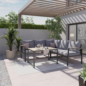 Ambia Garden Loungegarnitur, Grau, Akazie, Holz, Metall, Textil, Akazie, massiv, Füllung: Baumwollfüllung, Vlies, Polyetherschaumkern,Faserbällchen, Vlies, nicht einzeln stellbar, L-Form, 198x198 cm, Loungemöbel, Gartenlounge-Sets