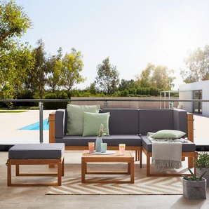 Ambia Garden Loungegarnitur, Grau, Akazie, Holz, Textil, 4-teilig, Akazie, vollmassiv, Füllung: Schaumstoff, Ottomane rechts, L-Form, 199x123.5 cm,