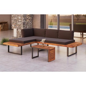 Ambia Garden Loungegarnitur, Grau, Metall, Holz, Akazie, massiv, Füllung: Komfortschaum,Polyester, einzeln stellbar, L-Form, 253x175 cm, UV-beständig,