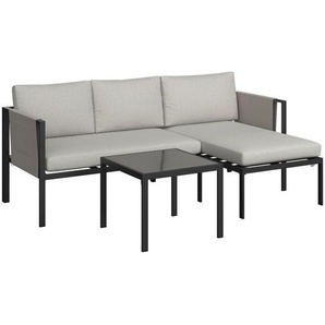 Ambia Garden Loungegarnitur, Grau, Schwarz, Metall, Glas, Textil, 3-teilig, Füllung: Schaumstoff,Polyester, Ottomane rechts, L-Form, 191.5x120 cm, Tisch mit Glasplatte, Loungemöbel, Gartenlounge-Sets