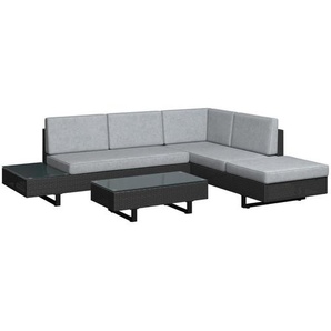 Ambia Garden Loungegarnitur, Grau, Schwarz, Metall, Kunststoff, Textil, Füllung: Komfortschaum,Komfortschaum, nicht einzeln stellbar, L-Form, 228x188 cm, Tische mit Glasplatte, geeignet für Balkon, Loungemöbel, Gartenlounge-Sets