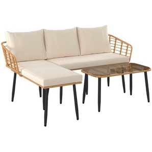 Ambia Garden Loungegarnitur, Natur, Beige, Metall, Kunststoff, Glas, Textil, 3-teilig, Füllung: Schaumstoff,Polyester, 187x67x65 cm, Loungemöbel,