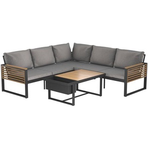 Ambia Garden Loungegarnitur, Schwarz, Natur, Holz, Metall, Textil, Akazie, massiv, Füllung: Vlies, Komfortschaum,Faserbällchen, Vlies, Eckteil,