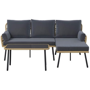 Ambia Garden Loungegarnitur, Natur, Schwarz, Metall, Kunststoff, Glas, Textil, 3-teilig, Füllung: Schaumstoff,Polyester,Polyester, L-Form, einzeln stellbar, 187.5x79x135 cm, lichtecht, UV-beständig, wetterbeständig, Tisch mit Glasplatte, Loungemöbel,