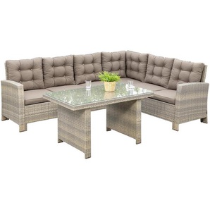 Ambia Garden Loungegarnitur Salerno, Natur, Schlamm, Metall, Kunststoff, Glas, 2-teilig, Füllung: Polyurethan (PUR),Polyurethan (Pur), 120x65x70 cm, Tisch mit Glasplatte, Loungemöbel, Loungemöbel-Sets
