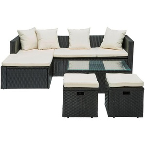 Ambia Garden Loungegarnitur, Schwarz, Weiß, Metall, Kunststoff, Glas, Textil, 14-teilig, Füllung: Schaumstoff, 187x119 cm, Bank klappbar, Tisch mit Glasplatte, Loungemöbel, Loungemöbel-Sets