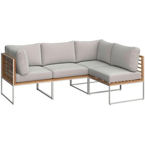 Ambia Garden Loungegarnitur Teak, Edelstahl, Hellgrau, Metall, Textil, Füllung: Polyester, einzeln stellbar, eckig, regenabweisend, UV-beständig,