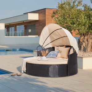 Ambia Garden Sonneninsel, Schwarz, Beige, Metall, Kunststoff, Textil, 4-teilig, Füllung: Komfortschaum, 180x80x81 cm, verstellbares Dach, Loungemöbel,