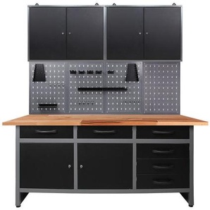 Ambia Garden Werkbankset, Anthrazit, Grau, Holz, Metall, Buche, 6 Schubladen, 160x205x60 cm, Fsc, Freizeit, Heimwerken, Werkstatt