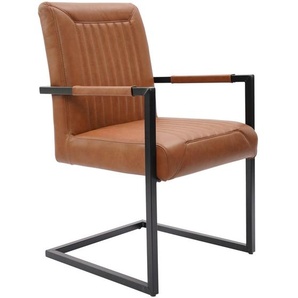 Ambia Home Armlehnstuhl, Schwarz, Cognac, Metall, Leder, Echtleder, Büffelleder, eckig, C-Form, 55x91x64 cm, inklusive Armlehnen, abwischbar, Esszimmer, Stühle, Esszimmerstühle, Armlehnenstühle