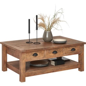 Ambia Home Couchtisch, Braun, Metall, Mangoholz, massiv, 3 Schublade(n) Schubladen, rechteckig, eckig, 70x45x115 cm, einfacher Aufbau, Wohnzimmer, Wohnzimmertische, Couchtische