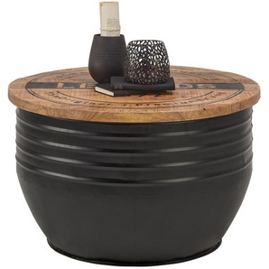 Ambia Home Couchtisch, Natur, Schwarz, Holz, Metall, Mangoholz, massiv, rund, 75x45x75 cm, Stauraum, Wohnzimmer, Wohnzimmertische, Couchtische,