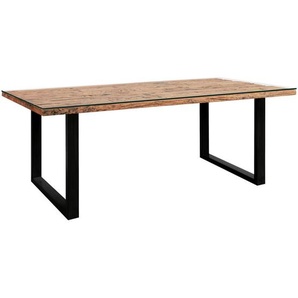 Ambia Home Esstisch, Braun, Schwarz, Holz, Metall, Glas, Recyclingholz, Hartholz, Holz, rechteckig, U-Form, 100x76x200 cm, Esszimmer, Tische, Esstische, Glastische