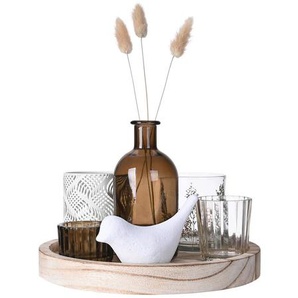 Ambia Home Kerzenhalter-Set, Mehrfarbig, Naturmaterialien, Stein, Glas, Metall, Holz, 10-teilig, Paulownia, vollmassiv, Abstraktes, rund, 15 cm, zum