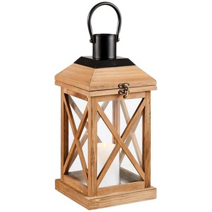 Ambia Home Laterne, Braun, Schwarz, Holz, Metall, Glas, Kiefer, vollmassiv, Uni, rechteckig, 17x36x17 cm, Glaseinsatz, Dekoration, Windlichter &