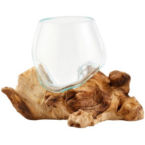 Ambia Home Vase, Braun, Klar, Transparent, Holz, Glas, Recyclingholz, Hartholz, 15-16 cm, Handmade in Indonesia, nur für Seiden- und Kunstblumen