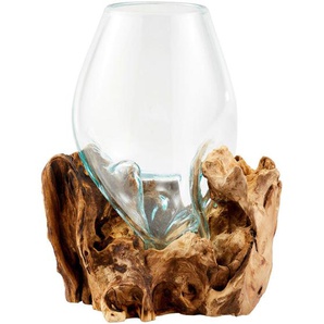 Ambia Home Vase, Braun, Klar, Transparent, Holz, Glas, Recyclingholz, Hartholz, 30 cm, Handmade in Indonesia, nur für Seiden- und Kunstblumen