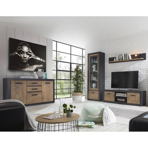 Anbauwand mit Sideboard BAKU-61 inkl. LED-Glaskantenbeleuchtung, in Fresco anthrazit mit Kastanienbraun, BxHxT: ca. 228x200x42 cm