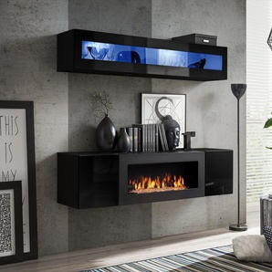 Anbauwand Wohnwand FLY N2 WW PVC Hochglanz Push Click mit Bio Ethanol Kamin Led
