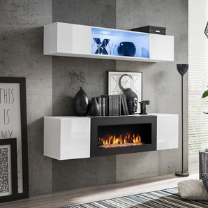 Anbauwand Wohnwand FLY N3 WW PVC Hochglanz Push Click mit Bio Ethanol Kamin Led