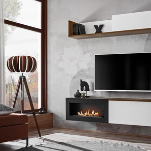 Anbauwand Wohnwand Schrankwand DALLAS B mit Bio-Ethanol Kamin Push Click Weiss