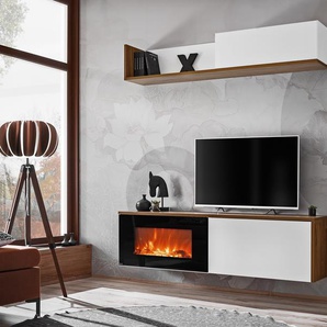 Anbauwand Wohnwand Schrankwand DALLAS E mit Elektrokamin und Push - Click Weiss