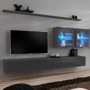 Anbauwand Wohnwand Schrankwand SWITCH VII Graphit mit Hochglanz und Push - Click