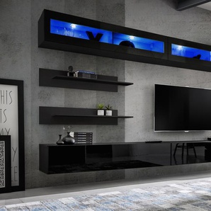 Anbauwand Wohnwand Wohnzimmer Schrankwand FLY I2 ZZ PVC Hochglanz Push Click Led