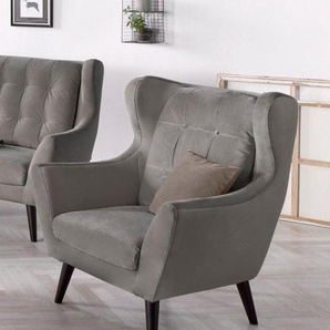 Ohrensessel ANDAS Hemmink Sessel Gr. Samtvelours, B/H/T: 90 cm x 107 cm x 94 cm, grau (grau, hellgrau) Ohrensessel Sessel mit Knopfheftung