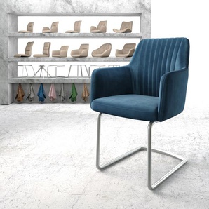 Schwingstuhl Greg-Flex Samt Blau Freischwinger rund Edelstahl, Esszimmerstühle