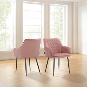 Armlehnstuhl LEONIQUE Montmerle Stühle Gr. B/H/T: 56 cm x 86 cm x 62,5 cm, 2 St., Veloursstoff Samtoptik, Metall, rosa (rosa, schwarz, schwarz) Armlehnstühle Sitz und Rücken gepolstert, in Velourstoff mit Steppung, Sitzhöhe 50cm