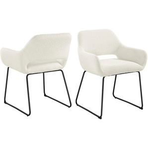 Armlehnstuhl SALESFEVER Stühle Gr. B/H/T: 63,5 cm x 83 cm x 59 cm, Bouclé uni, Armlehnstuhl mit Rücken Cut-Out Bouclé Stoff Weiß + Metall, weiß (weiß, schwarz) Armlehnstühle