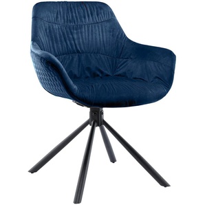 Armlehnstuhl SALESFEVER Stühle Gr. B/H/T: 64 cm x 82 cm x 53 cm, Samtoptik-Polyester Samtoptik, Armlehnstuhl mit Wabensteppung Samt Blau + Metall, blau (blau, schwarz) Armlehnstühle 360 Drehfunktion