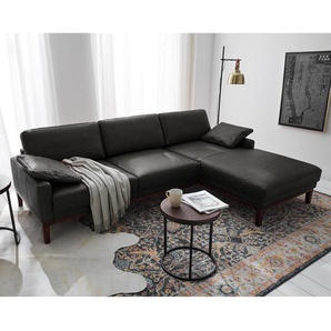 Ecksofa mit Longchair Schwarz Echtleder Cerys 249 x 81 x 171cm Longchair davorstehend rechts Dunkelbraun Industrial