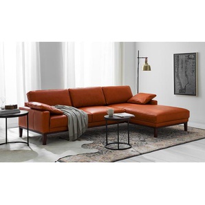 Ecksofa mit Longchair Braun/Cognac Echtleder Cerys 249 x 81 x 171cm Longchair davorstehend rechts Dunkelbraun Industrial