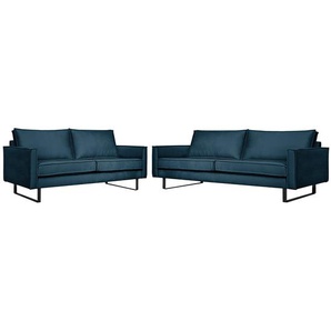 Polstergarnitur Liel - 3-2 Blau/Marineblau Samt Onoli 222 x 84 x 94cm Industrial