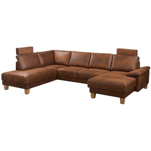 Wohnlandschaft Bragado Braun Microfaser 302 x 80 x 200cm Longchair davorstehend rechts / Ottomane links Natur